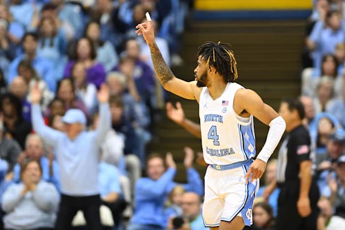 Nov 20, 2022; Chapel Hill, North Carolina, USA; North Carolina Tar Heels guard R.J. Davis (4) reacts in the first half at Dean E. Smith Center